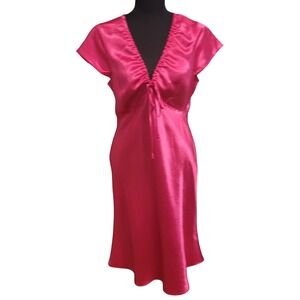 J.Crew Dress Fuchsia 8 Satin Midi Ruched V-Neck Tie Front Pink Flutter Sleeve